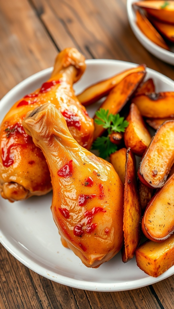 Oven-baked chicken drumsticks with roasted potato wedges on a rustic table, garnished with parsley.